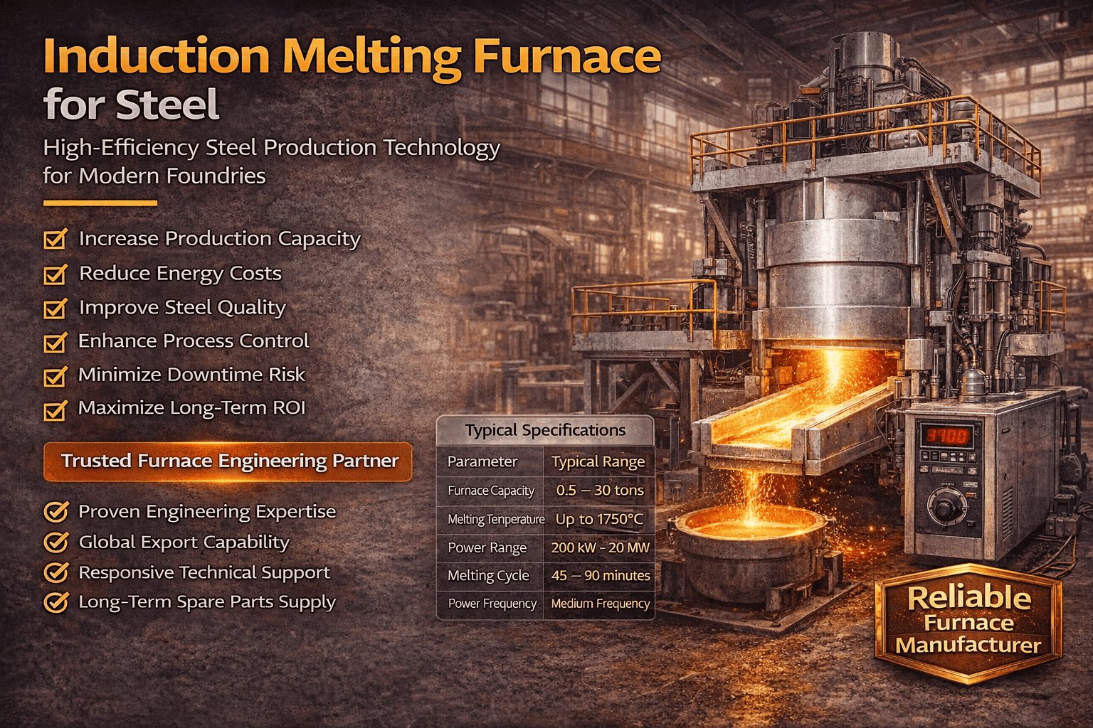 Induction furnace melting of an alloy steel charge